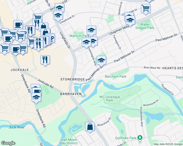 map of restaurants, bars, coffee shops, grocery stores, and more near 698 Paul Métivier Drive in Ottawa