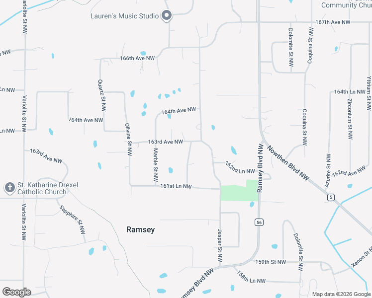 map of restaurants, bars, coffee shops, grocery stores, and more near 16237 Kamacite Street Northwest in Ramsey