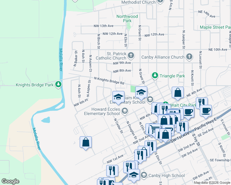 map of restaurants, bars, coffee shops, grocery stores, and more near 621 North Douglas Lane in Canby