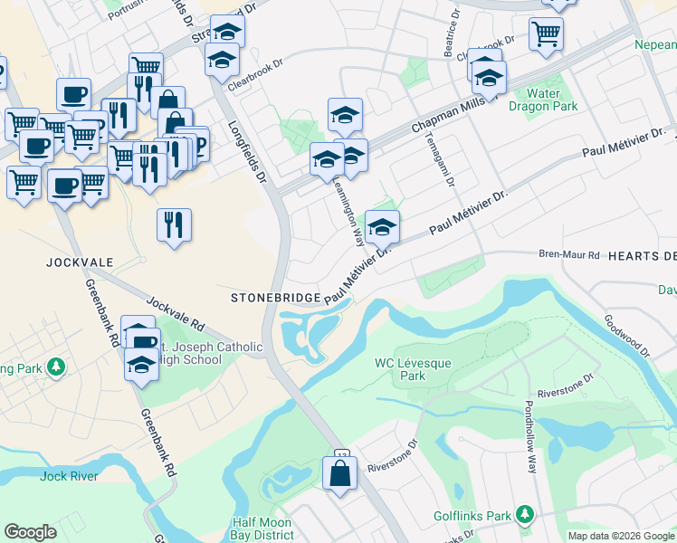 map of restaurants, bars, coffee shops, grocery stores, and more near 126 Garrity Crescent in Ottawa