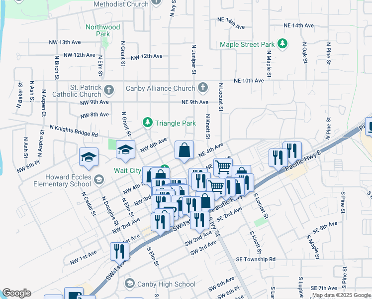 map of restaurants, bars, coffee shops, grocery stores, and more near 140 Northeast 4th Avenue in Canby