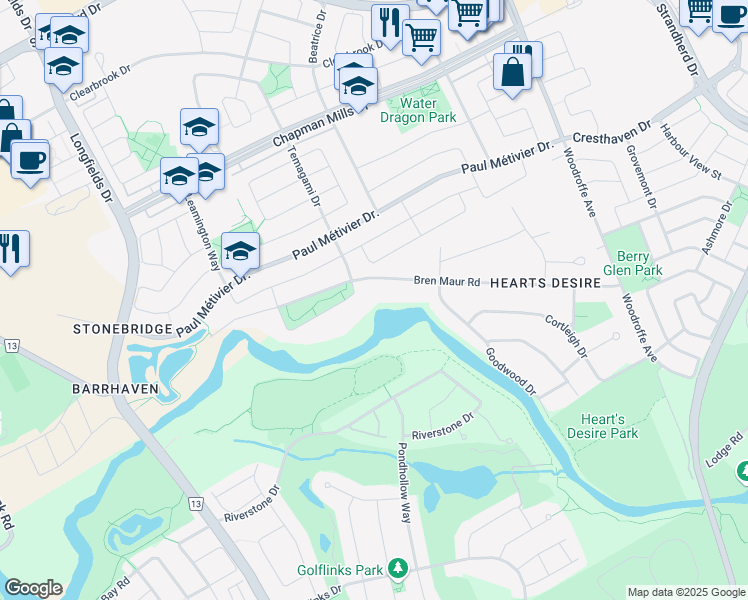 map of restaurants, bars, coffee shops, grocery stores, and more near 4 Barcham Crescent in Ottawa