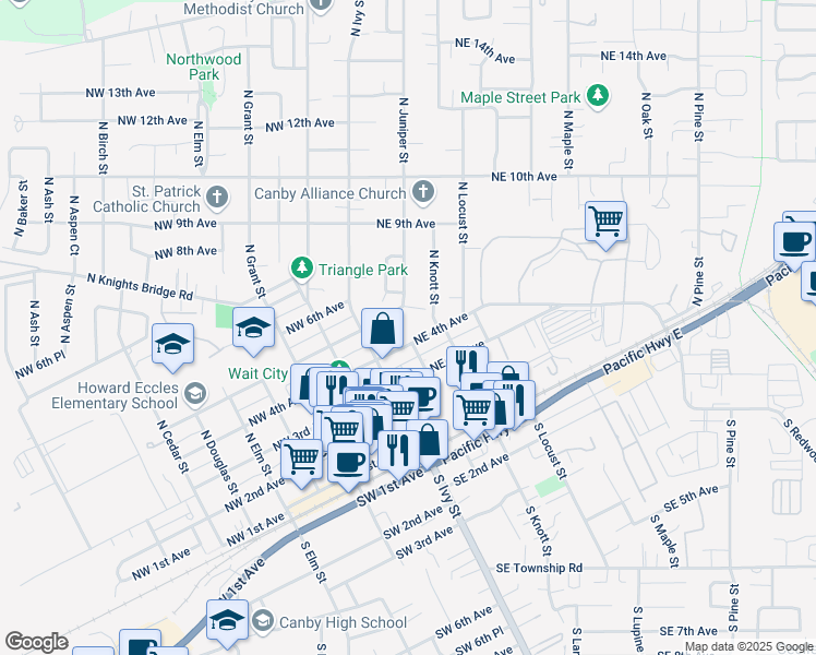 map of restaurants, bars, coffee shops, grocery stores, and more near 382 North Juniper Street in Canby
