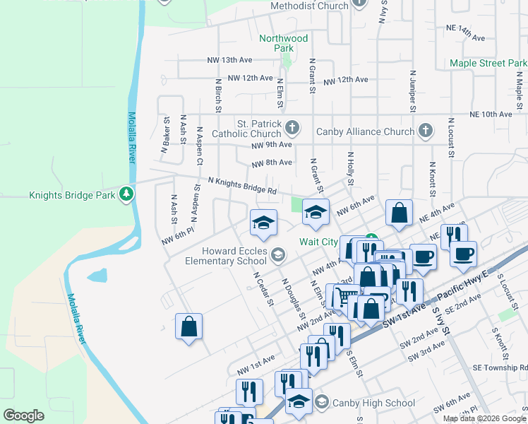 map of restaurants, bars, coffee shops, grocery stores, and more near 628 Dahla Place in Canby