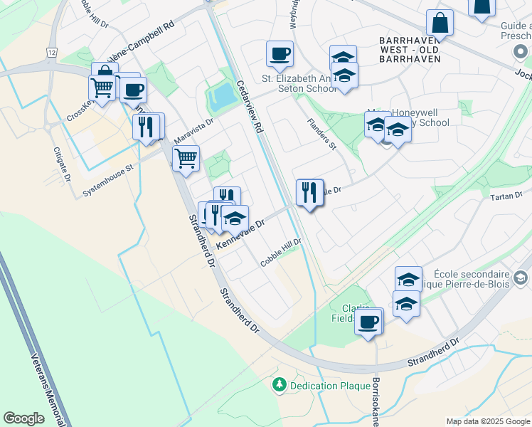 map of restaurants, bars, coffee shops, grocery stores, and more near 160 Kennevale Drive in Ottawa