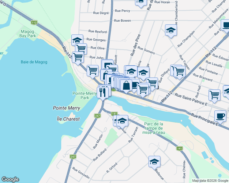 map of restaurants, bars, coffee shops, grocery stores, and more near 438 Rue Principale Ouest in Magog