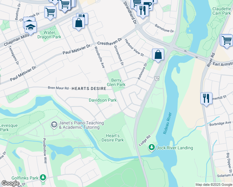 map of restaurants, bars, coffee shops, grocery stores, and more near 3487 Woodroffe Avenue in Ottawa