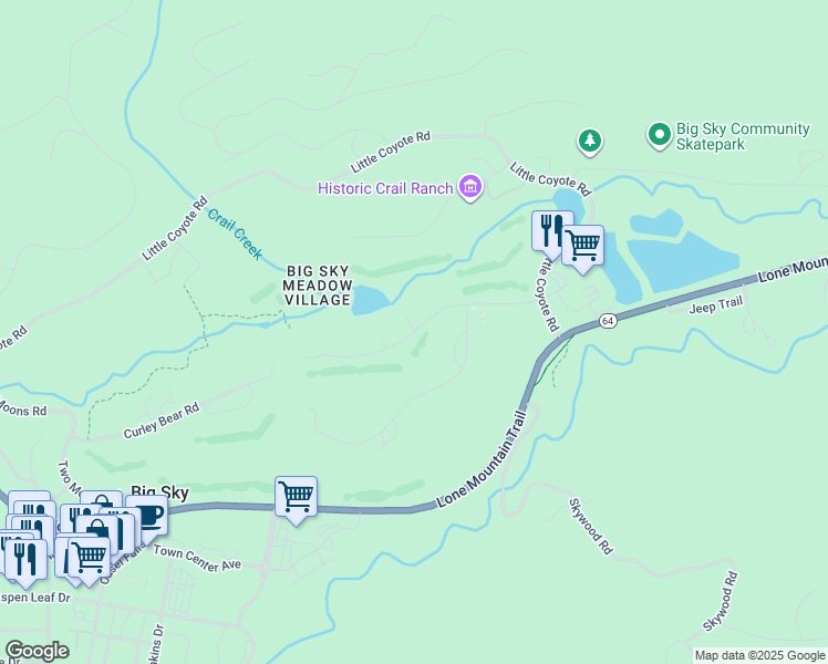 map of restaurants, bars, coffee shops, grocery stores, and more near Black Otter Road in Big Sky