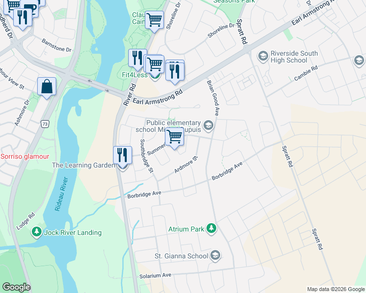map of restaurants, bars, coffee shops, grocery stores, and more near 431 Golden Springs Drive in Ottawa