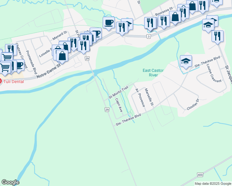 map of restaurants, bars, coffee shops, grocery stores, and more near 83 St-Moritz Trail in Embrun