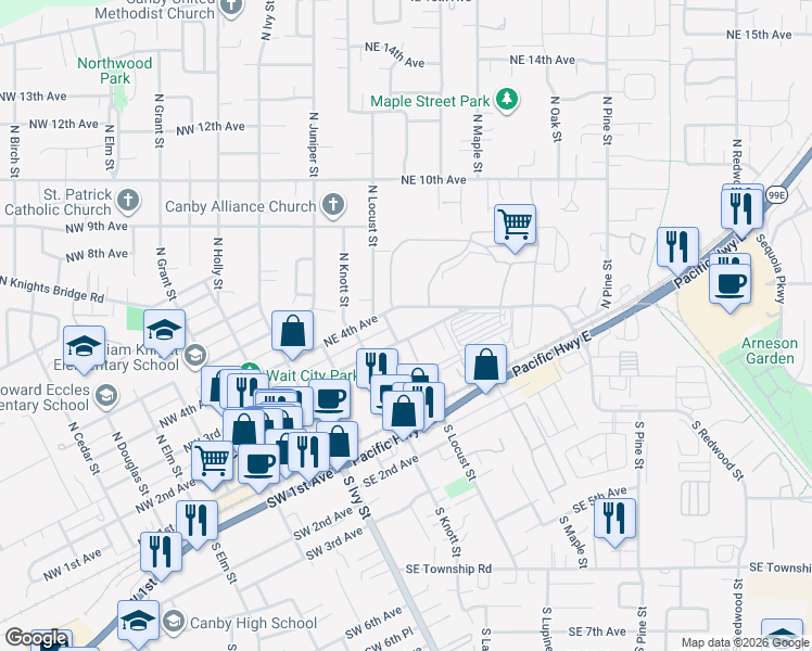map of restaurants, bars, coffee shops, grocery stores, and more near 466 Northeast 3rd Avenue in Canby
