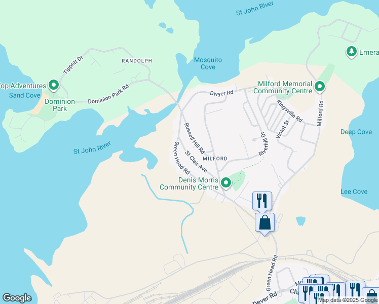 map of restaurants, bars, coffee shops, grocery stores, and more near 454 Saint Clair Avenue in Saint John