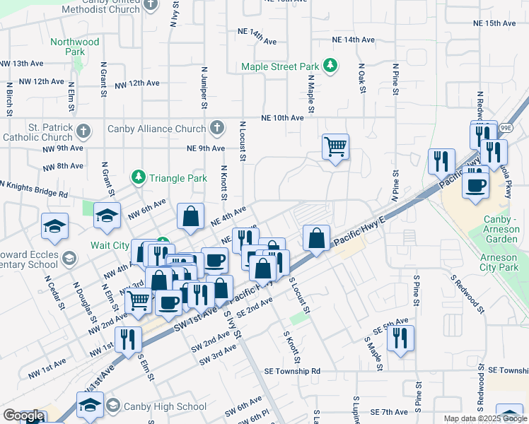 map of restaurants, bars, coffee shops, grocery stores, and more near 468 Northeast 3rd Avenue in Canby