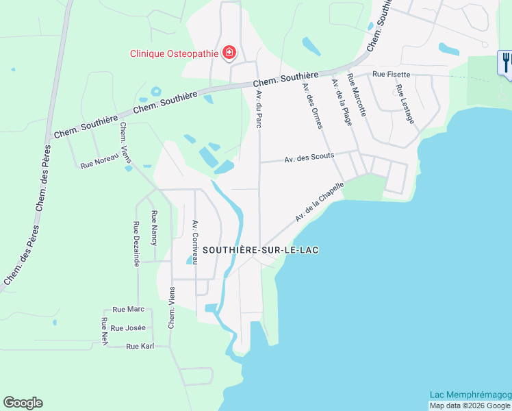map of restaurants, bars, coffee shops, grocery stores, and more near 158 Avenue du Parc in Magog