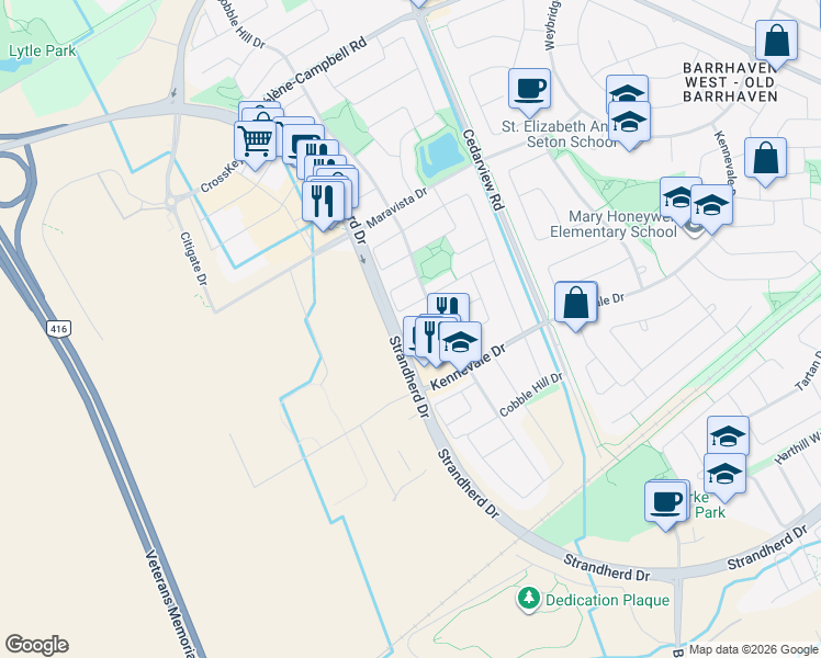 map of restaurants, bars, coffee shops, grocery stores, and more near 121 Prem Circle in Ottawa