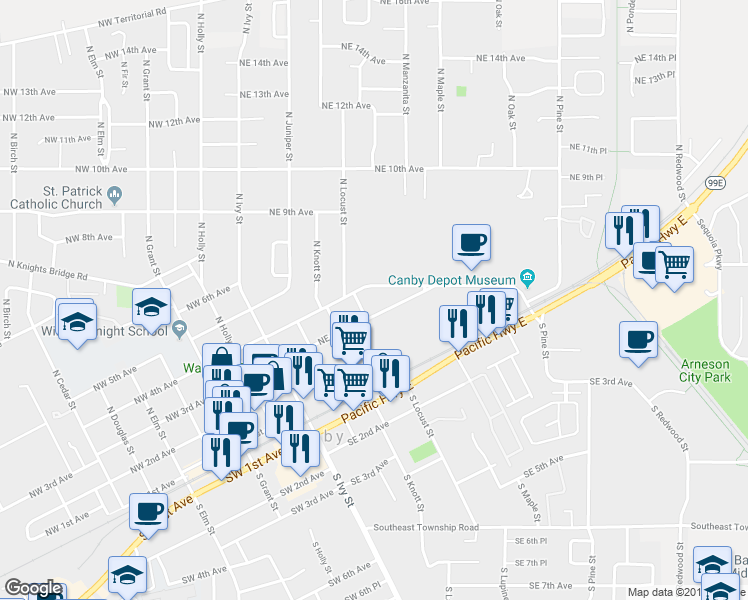 map of restaurants, bars, coffee shops, grocery stores, and more near 473 Northeast 4th Avenue in Canby