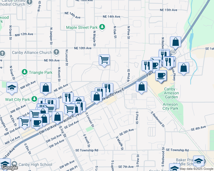 map of restaurants, bars, coffee shops, grocery stores, and more near 698-800 Northeast 4th Avenue in Canby