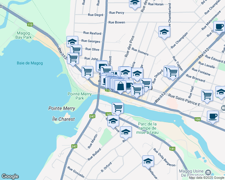 map of restaurants, bars, coffee shops, grocery stores, and more near 399 Rue Principale Ouest in Magog