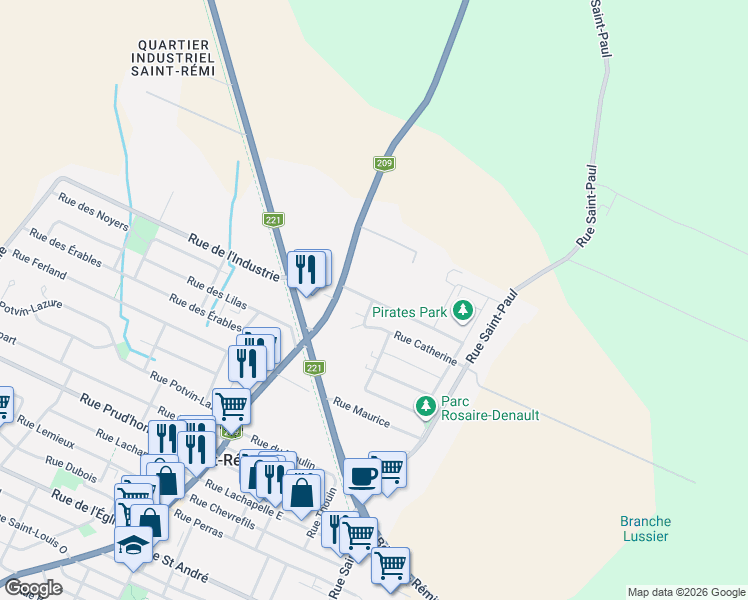 map of restaurants, bars, coffee shops, grocery stores, and more near 7 Rue Catherine in Saint-Rémi