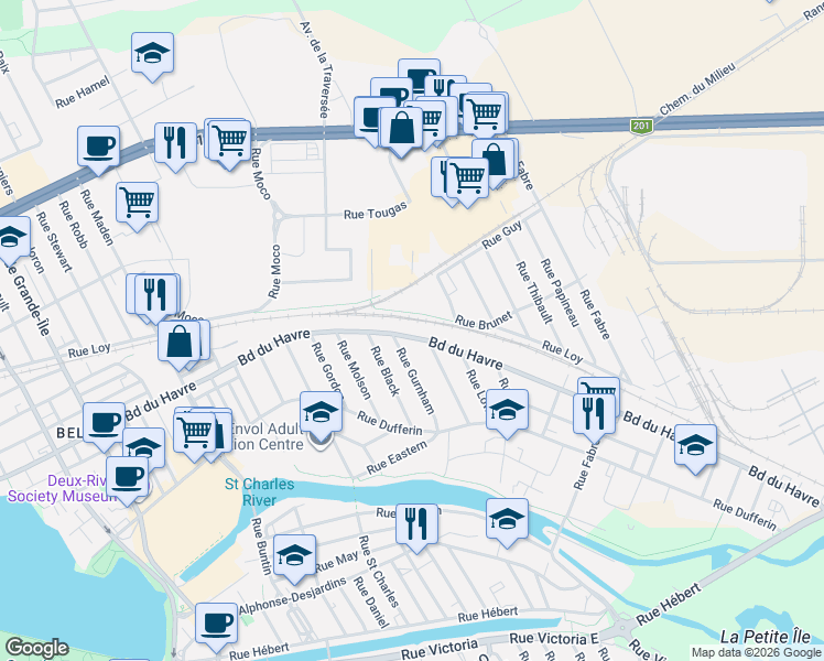 map of restaurants, bars, coffee shops, grocery stores, and more near 613 Boulevard du Havre in Salaberry-de-Valleyfield