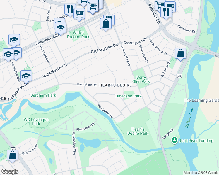 map of restaurants, bars, coffee shops, grocery stores, and more near 34 Bren Maur Road in Ottawa