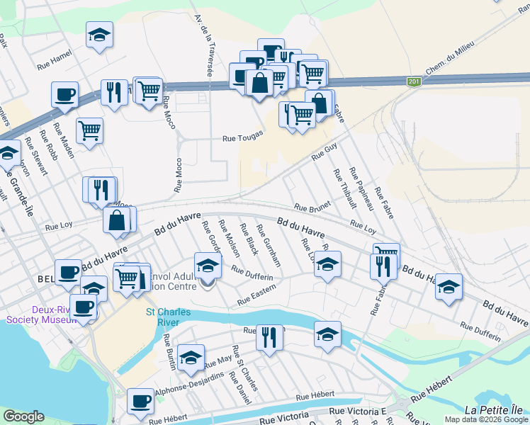 map of restaurants, bars, coffee shops, grocery stores, and more near 613 Boulevard du Havre in Salaberry-de-Valleyfield