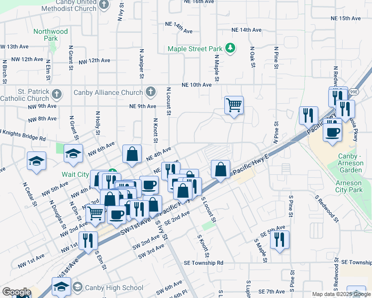 map of restaurants, bars, coffee shops, grocery stores, and more near 476 Northeast 3rd Avenue in Canby