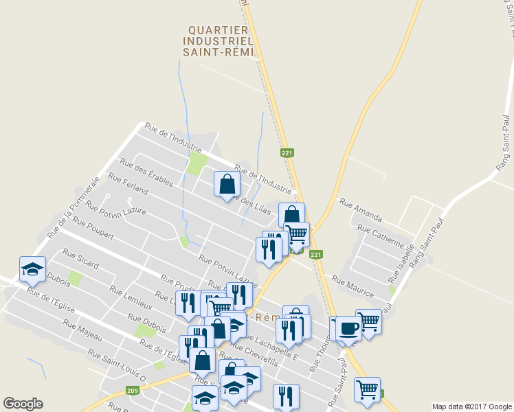 map of restaurants, bars, coffee shops, grocery stores, and more near 18 Lilas Street in Saint-Rémi