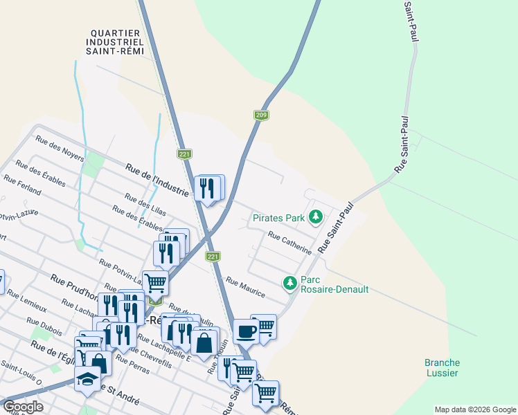 map of restaurants, bars, coffee shops, grocery stores, and more near 51 Rue Amanda in Saint-Rémi