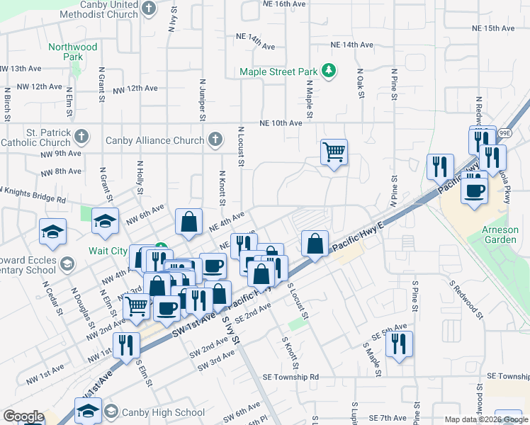 map of restaurants, bars, coffee shops, grocery stores, and more near 472 Northeast 3rd Avenue in Canby