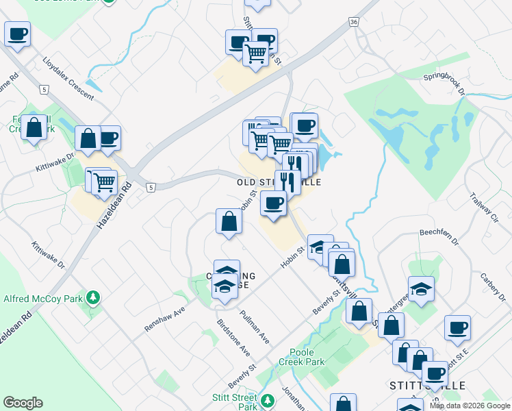 map of restaurants, bars, coffee shops, grocery stores, and more near 7 Crossing Bridge Court in Ottawa