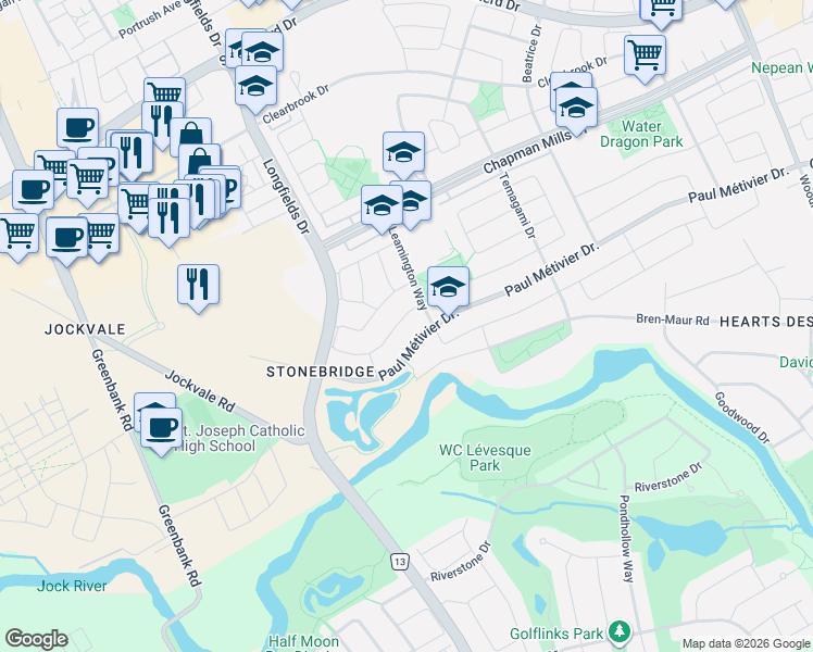 map of restaurants, bars, coffee shops, grocery stores, and more near 110 Garrity Crescent in Ottawa