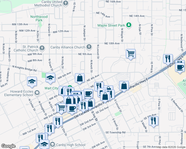 map of restaurants, bars, coffee shops, grocery stores, and more near 503 North Knott Street in Canby