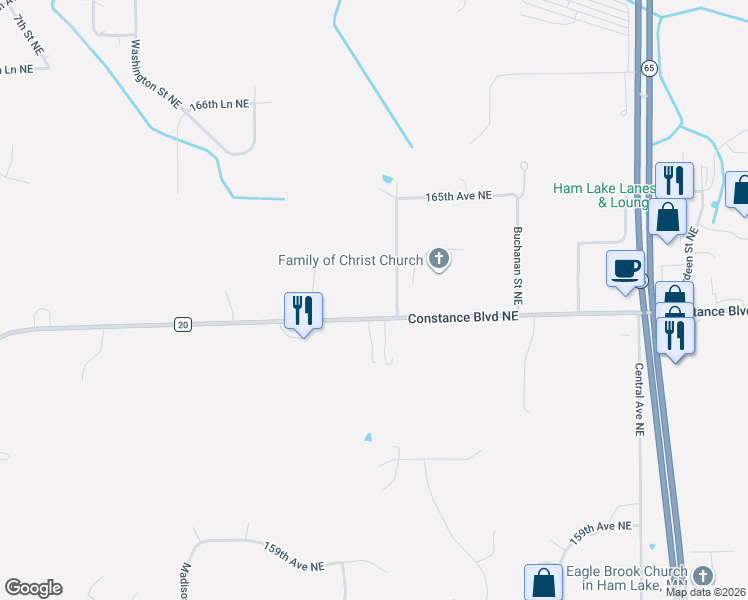 map of restaurants, bars, coffee shops, grocery stores, and more near 16300-16410 Polk Street Northeast in Ham Lake