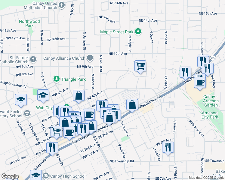map of restaurants, bars, coffee shops, grocery stores, and more near 473 Northeast 4th Avenue in Canby