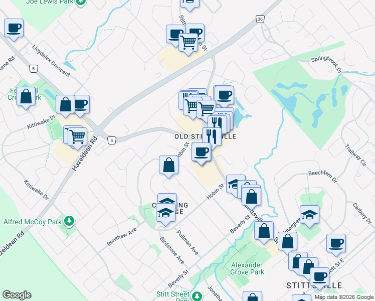 map of restaurants, bars, coffee shops, grocery stores, and more near 1 Crossing Bridge Court in Ottawa