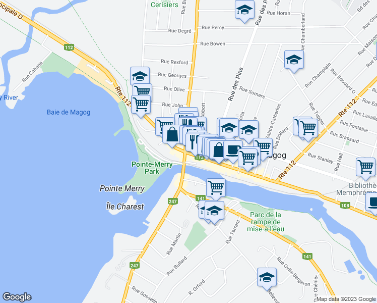 map of restaurants, bars, coffee shops, grocery stores, and more near 503 Rue Principale Ouest in Magog
