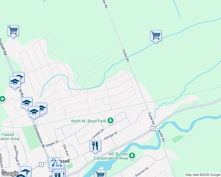 map of restaurants, bars, coffee shops, grocery stores, and more near Central Park Boulevard in Russell
