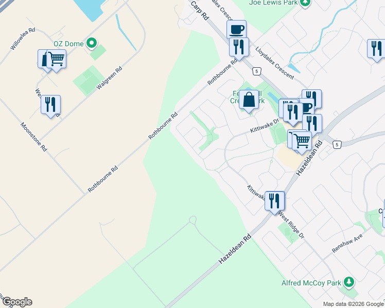 map of restaurants, bars, coffee shops, grocery stores, and more near 24 Sirocco Crescent in Ottawa
