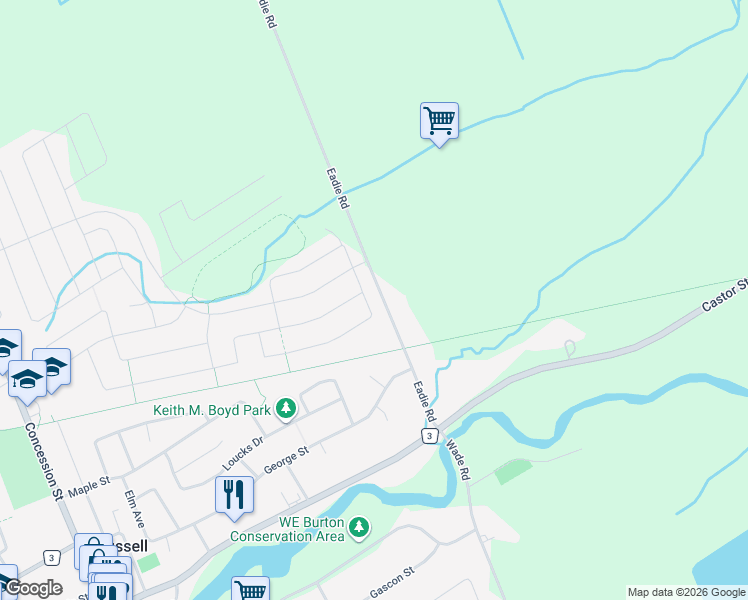 map of restaurants, bars, coffee shops, grocery stores, and more near 250 Pioneer Road in Russell