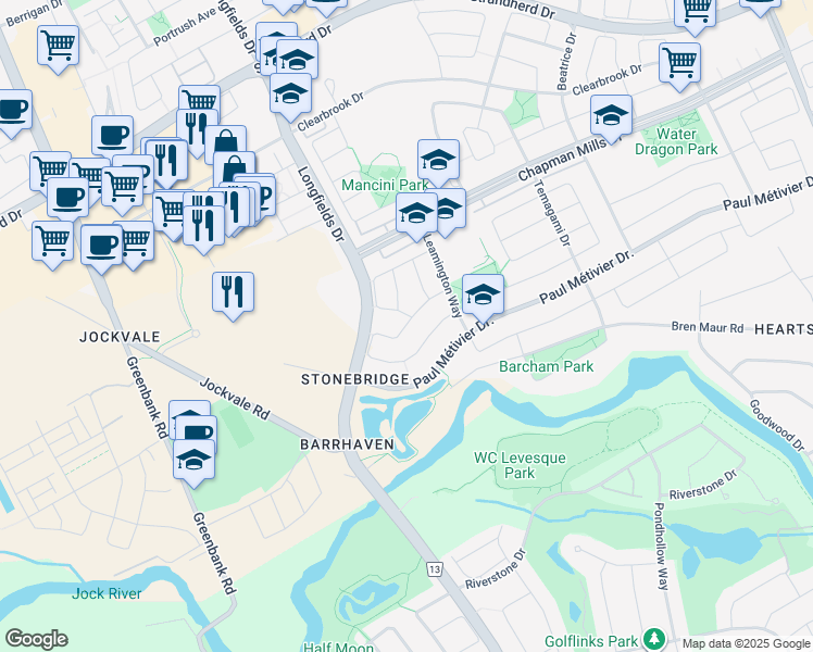 map of restaurants, bars, coffee shops, grocery stores, and more near Garrity Crescent in Ottawa