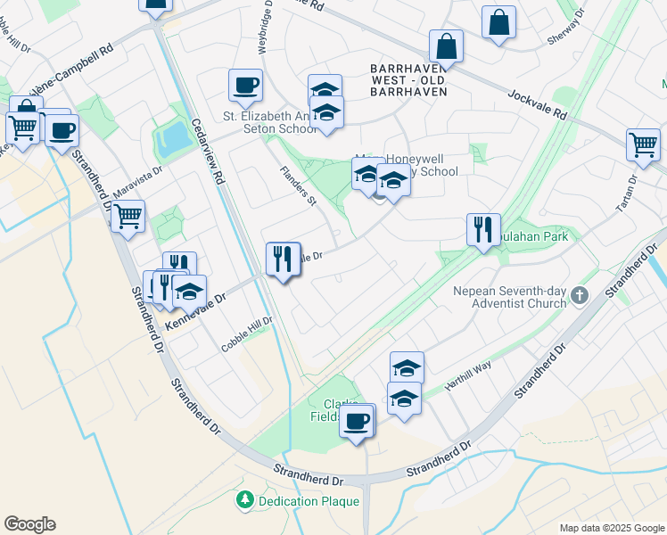 map of restaurants, bars, coffee shops, grocery stores, and more near 23 Sarrazin Way in Ottawa