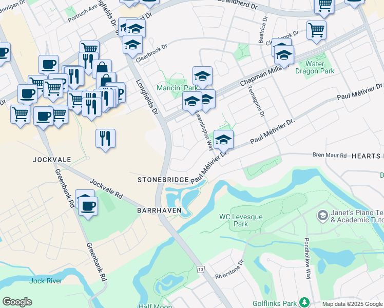 map of restaurants, bars, coffee shops, grocery stores, and more near 245 Garrity Crescent in Ottawa