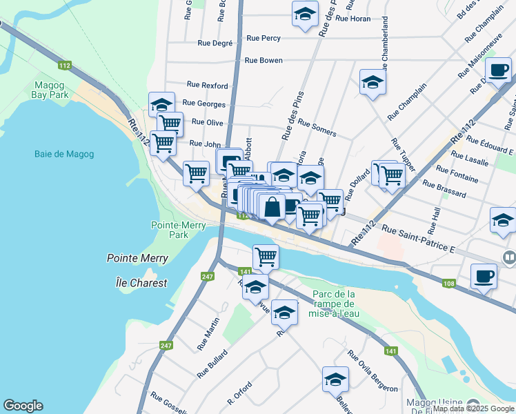 map of restaurants, bars, coffee shops, grocery stores, and more near 399 Rue Principale Ouest in Magog
