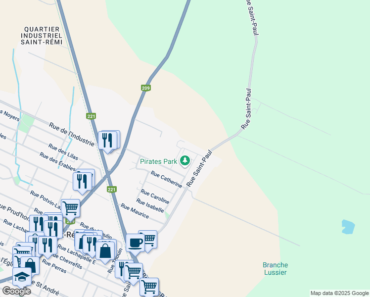 map of restaurants, bars, coffee shops, grocery stores, and more near Rue Naomi in Saint-Rémi