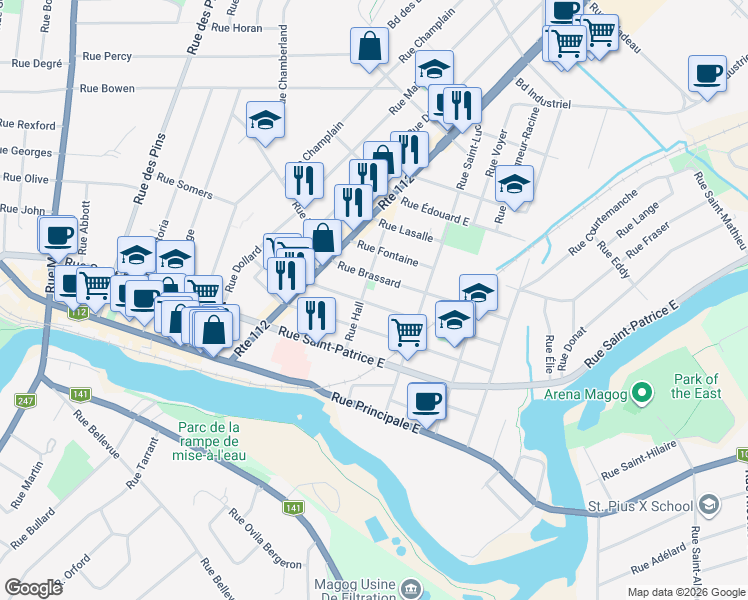 map of restaurants, bars, coffee shops, grocery stores, and more near 119 Rue D'Arcy in Magog
