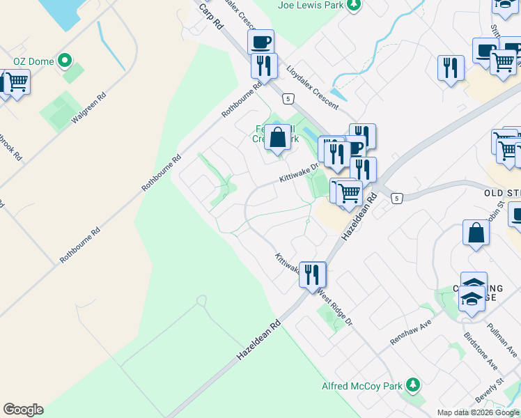 map of restaurants, bars, coffee shops, grocery stores, and more near 49 Chantilly Gate in Ottawa