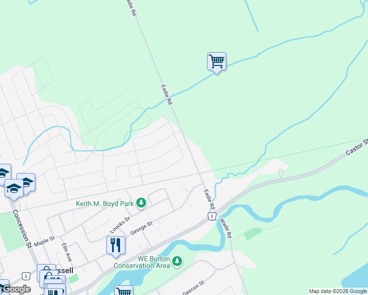 map of restaurants, bars, coffee shops, grocery stores, and more near 250 Pioneer Road in Russell