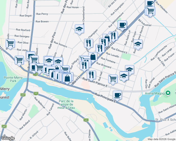 map of restaurants, bars, coffee shops, grocery stores, and more near 254 Rue Sherbrooke in Magog