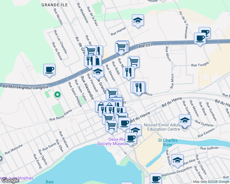 map of restaurants, bars, coffee shops, grocery stores, and more near 22 Rue Joron in Salaberry-de-Valleyfield